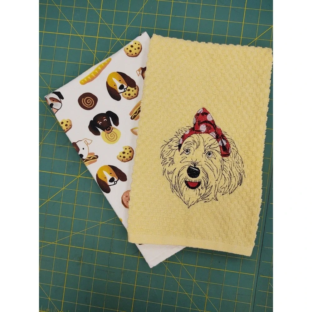 LABRADOODLE Dog With Headband Kitchen Bath Hand Bar Towel Set of 2